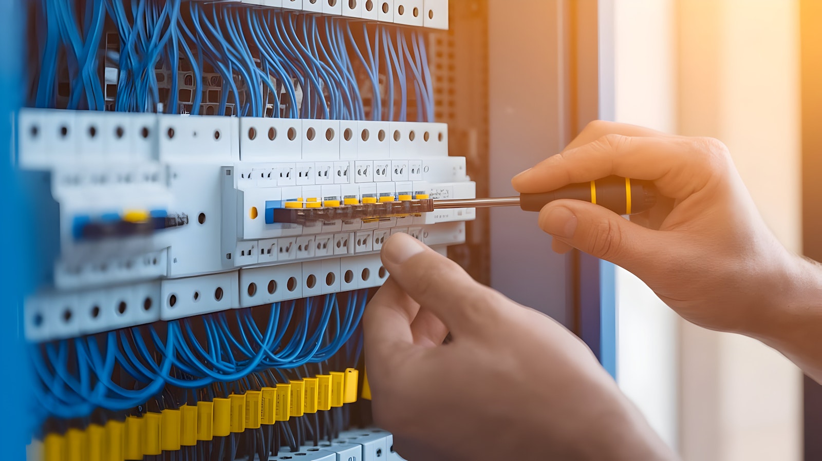 Home repair technician working on electrical panel