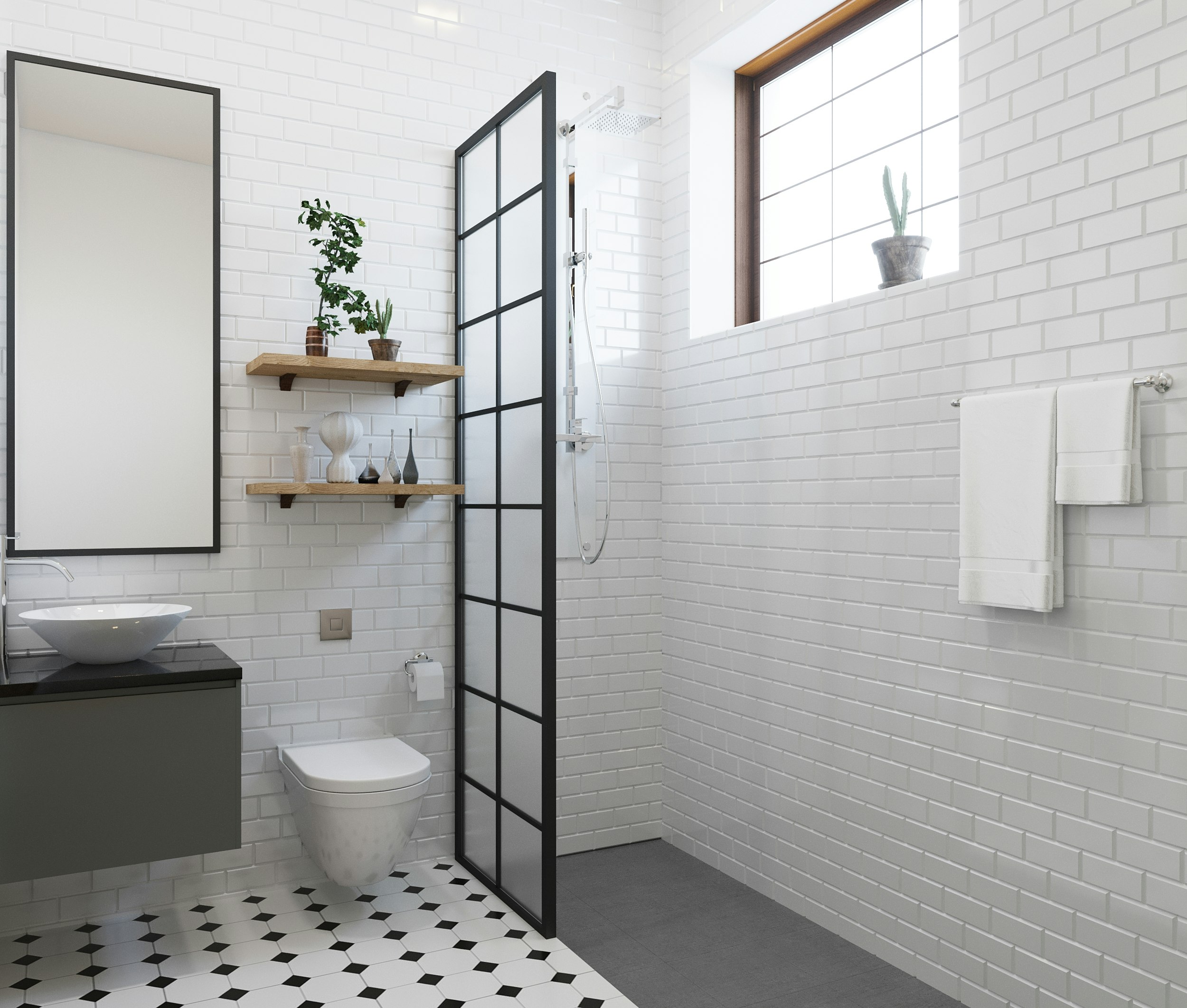 After: white subway-tiled bathroom with a walk-in shower and wall-hung toilet